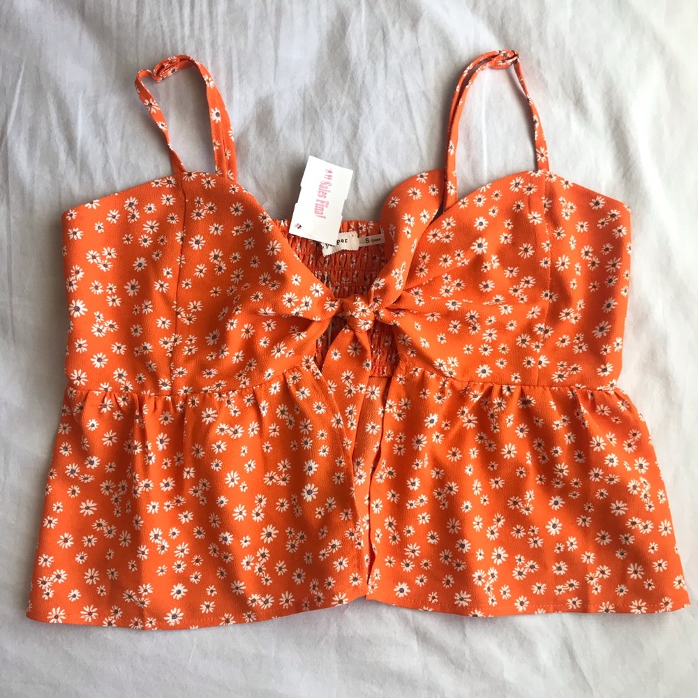 floral orange tie up top